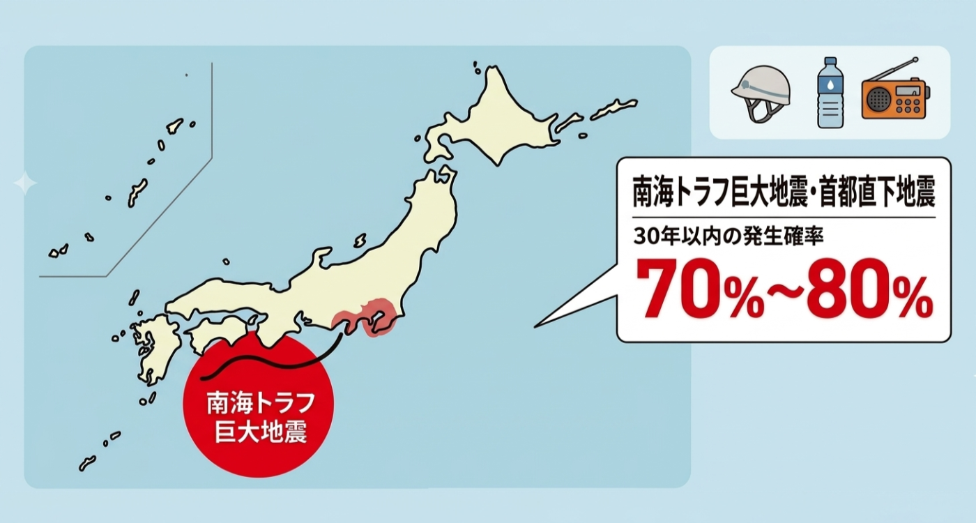 南海トラフ巨大地震・首都直下地震 30年以内の発生確率70%〜80%